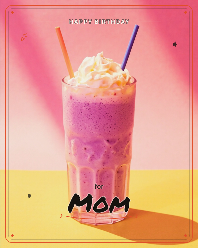 A tall glass of purple milkshake sits piled with whipped cream and two straws, one orange and one blue, crossing at the top, a birthday e-card design