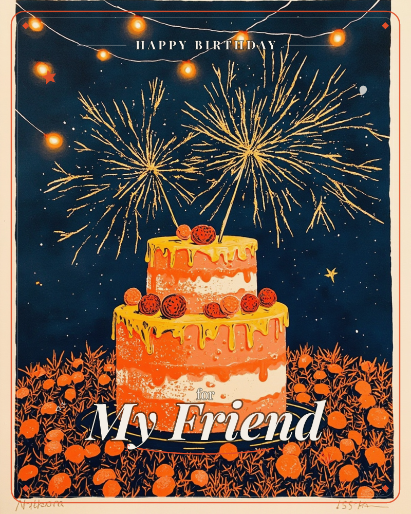 A two-tiered cake with dripping golden icing and orange fruit slices stands against a deep navy night sky, gold sparkler-like fireworks bursting above…, a birthday e-card design