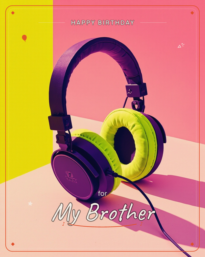 A pair of dark purple headphones with neon yellow-green ear cushions sits on a hot pink surface, its cord trailing across the floor, a birthday e-card design