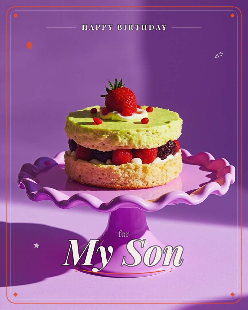 A small layered cake sits on a scalloped lilac cake stand against a bold violet backdrop, a birthday e-card design