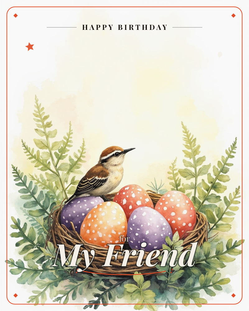 A small brown-and-white bird perches on the edge of a woven twig nest cradling speckled Easter eggs in coral, lilac and gold, a birthday e-card design
