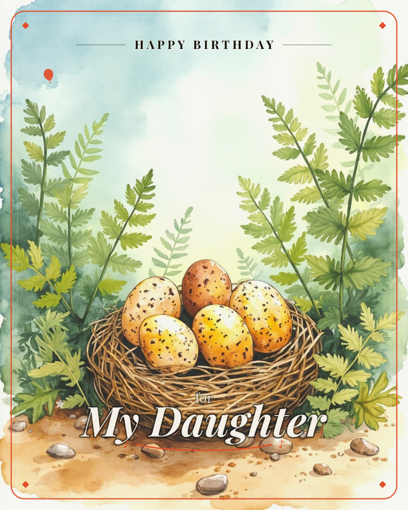 A woven twig nest cradles a cluster of speckled golden eggs, set on bare earth scattered with small pebbles, a birthday e-card design