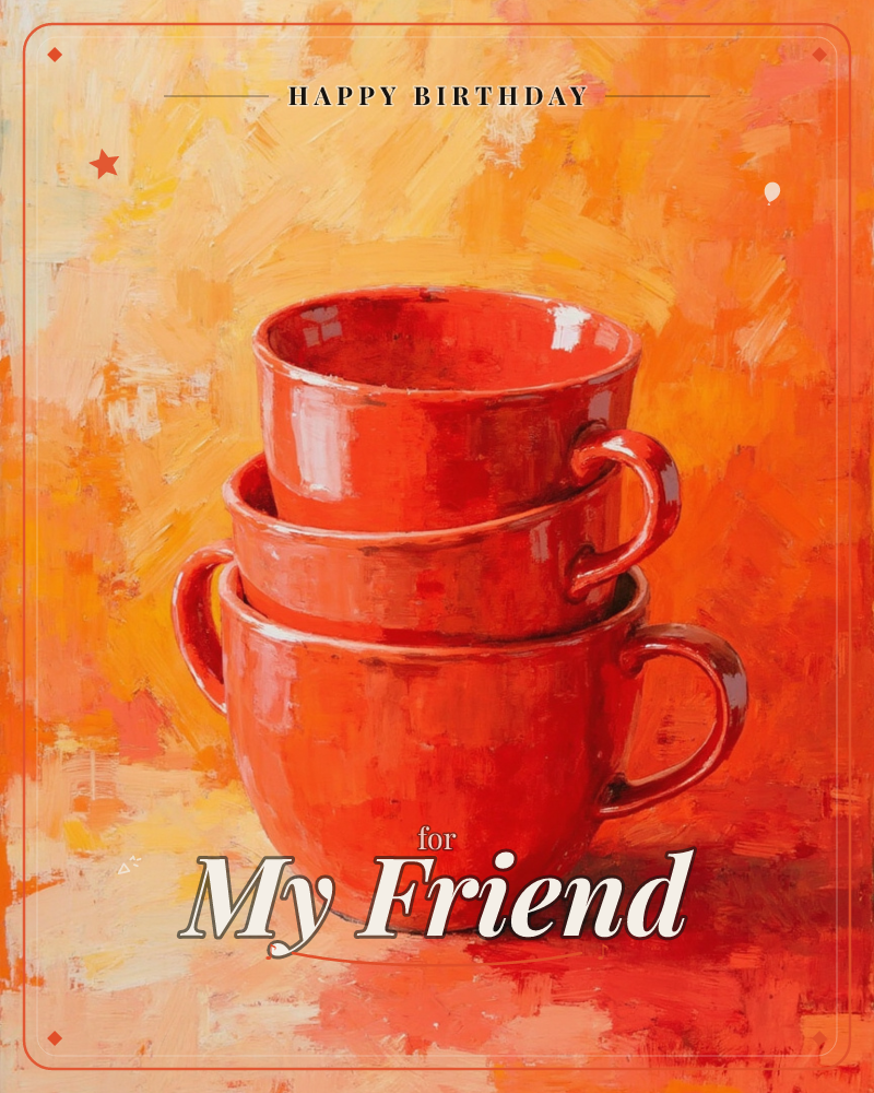 Three glossy red mugs are stacked one inside the other, their handles fanned out to the side, painted with loose, buttery brushstrokes, a birthday e-card design
