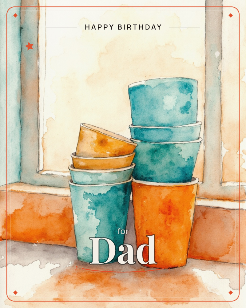 A watercolour painting shows two stacks of plant pots in teal and burnt orange, huddled against a sunlit windowsill, a birthday e-card design