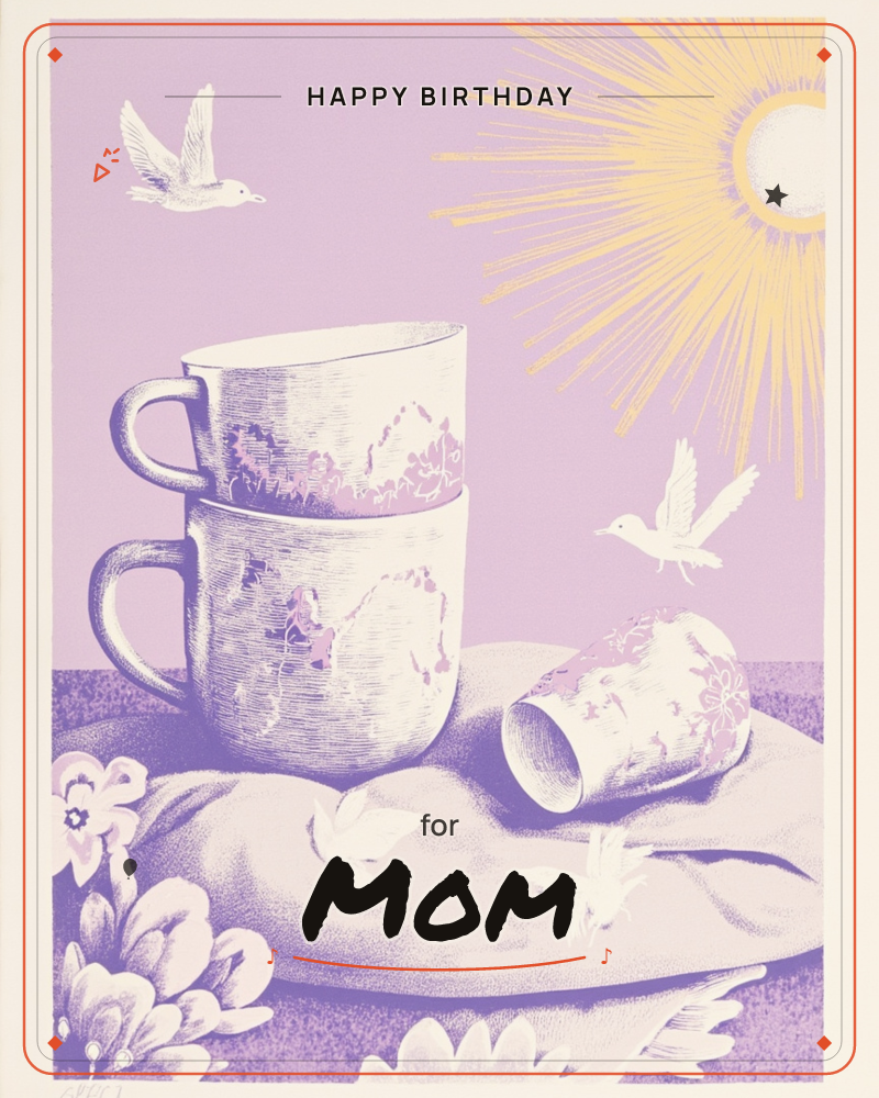 A stack of two patterned mugs and a tipped-over cup rest on a rumpled cloth, printed entirely in shades of lilac and violet with a golden sun blazing…, a birthday e-card design
