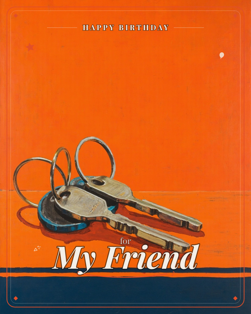 A pair of ordinary house keys on a small blue fob rests on a bright orange tabletop, painted with bold flat colour and a graphic navy stripe along the…, a birthday e-card design