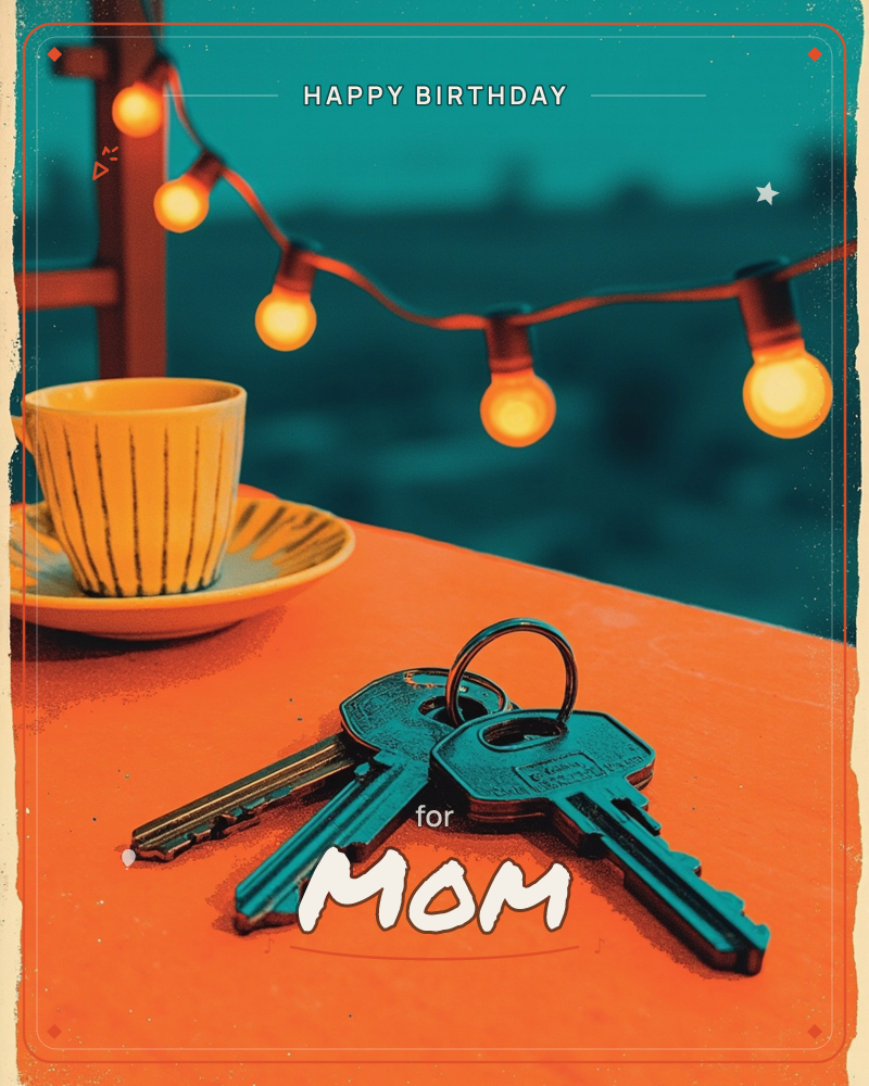 A set of house keys rests on a warm orange tabletop beside a striped teacup and saucer, with a string of glowing bulb lights strung overhead against a…, a birthday e-card design