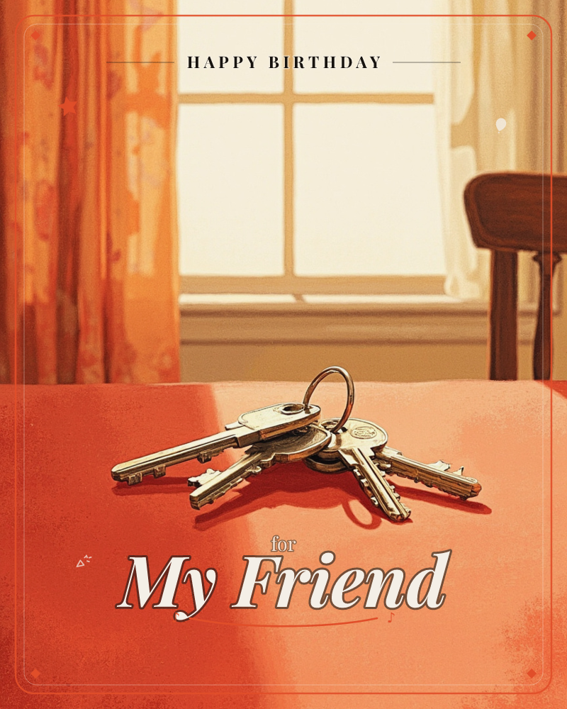 A set of keys on a ring sits alone on a rust-orange tablecloth, sunlight streaming through a paned window behind patterned curtains and a wooden chair, a birthday e-card design