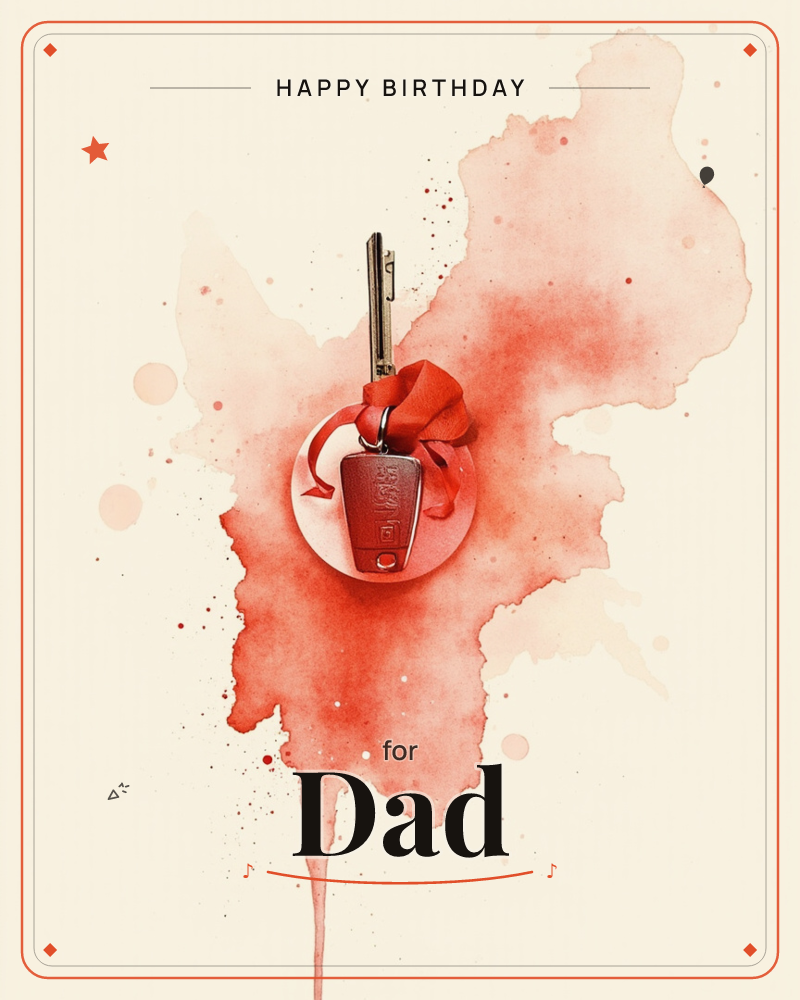A red car key fob sits on a small plate, tied with a red ribbon bow, set against a bold splash of red watercolour bleeding and dripping down a cream…, a birthday e-card design