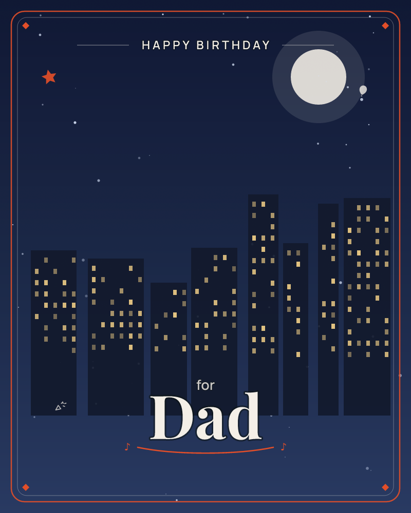 A city skyline stands silhouetted against a deep navy night sky, with a full moon glowing behind a soft halo above the buildings, a birthday e-card design by @DittyCityTeam