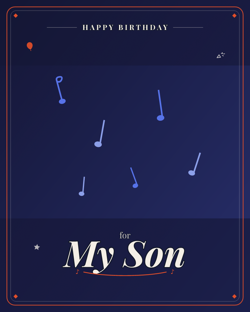 A deep midnight-blue field holds a scatter of simple musical notes drifting upward, rendered as soft glowing dots with slim stems, a birthday e-card design by @DittyCityTeam