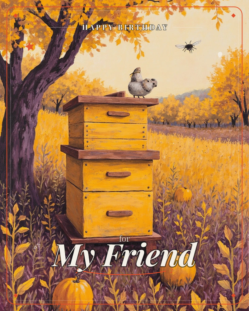 A wooden beehive stands in a golden autumn field beneath a purple-trunked tree, its leaves turning amber overhead, a birthday e-card design