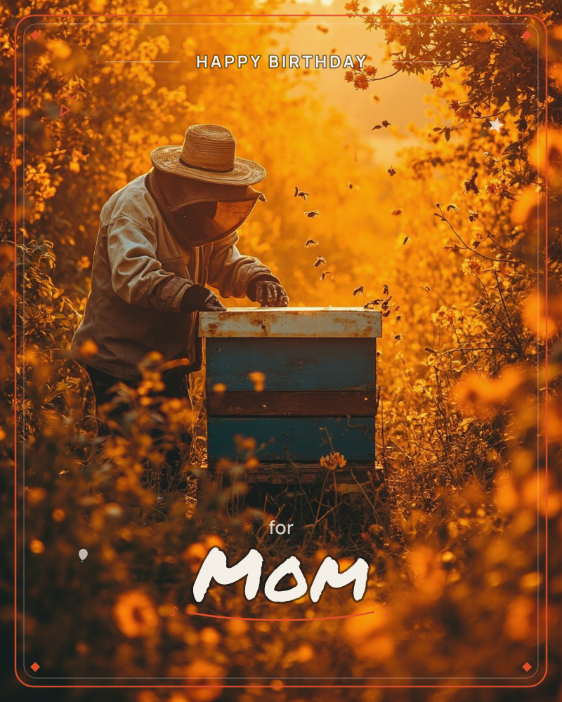 A beekeeper in a straw hat and veil tends a weathered blue hive, framed by tall golden wildflowers glowing in late-afternoon sun, a birthday e-card design