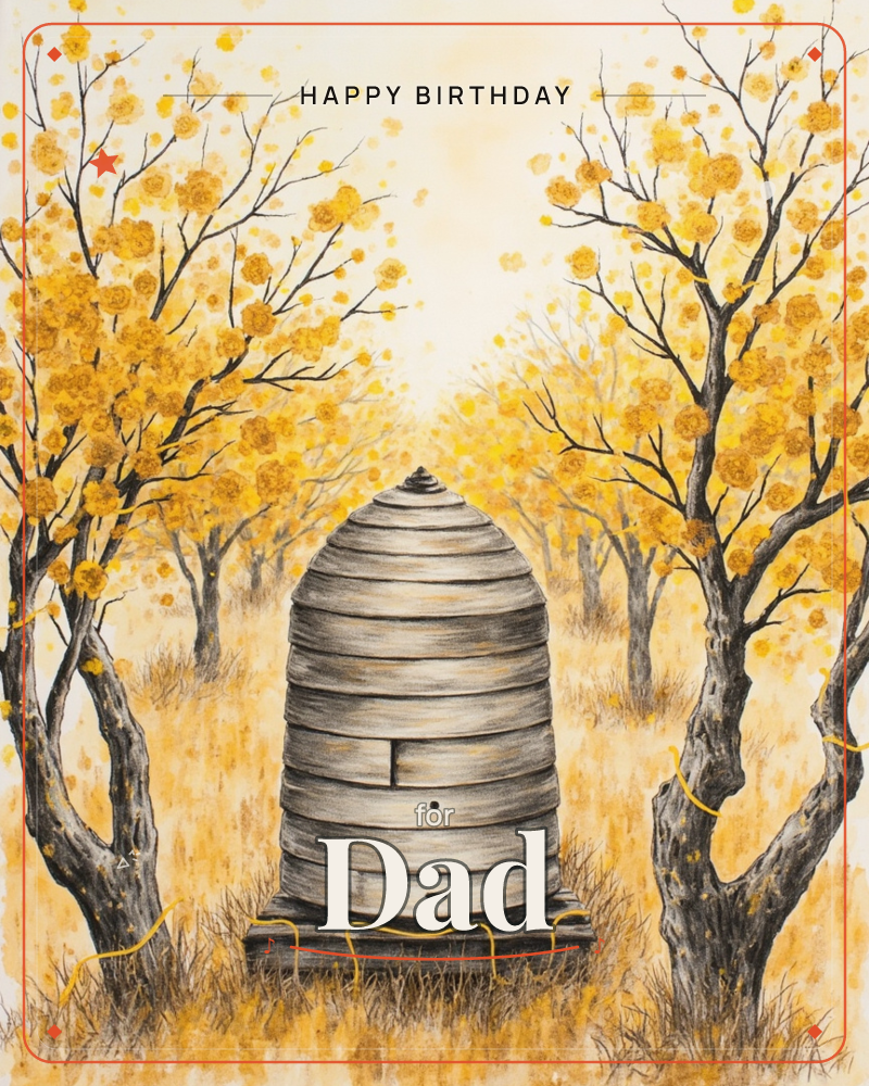 A traditional straw skep beehive sits on a wooden stand at the centre of an orchard, its domed ridges rendered in careful grey shading, a birthday e-card design