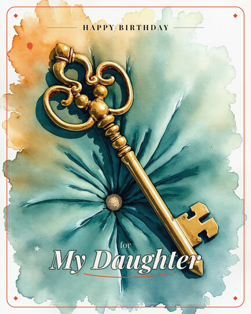An ornate gold skeleton key lies diagonally across the page, its scrollwork bow catching the light while a burst of teal watercolour radiates behind it…, a birthday e-card design