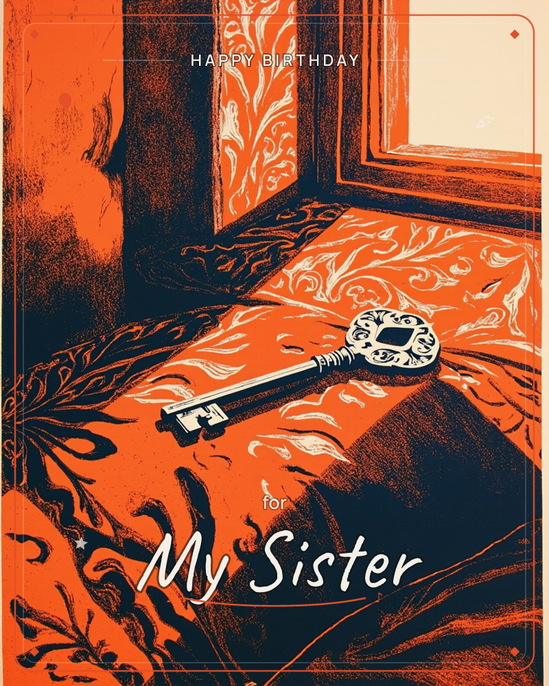 An ornate skeleton key rests on a deeply carved windowsill, its swirling floral patterns rendered in bold orange, black, and cream, a birthday e-card design