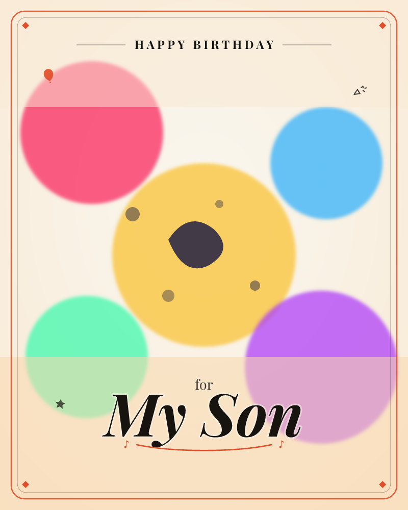 A cluster of soft, glowing circles in pink, blue, green and purple float around a large golden-yellow circle at the centre, which is dotted with small…, a birthday e-card design by @DittyCityTeam