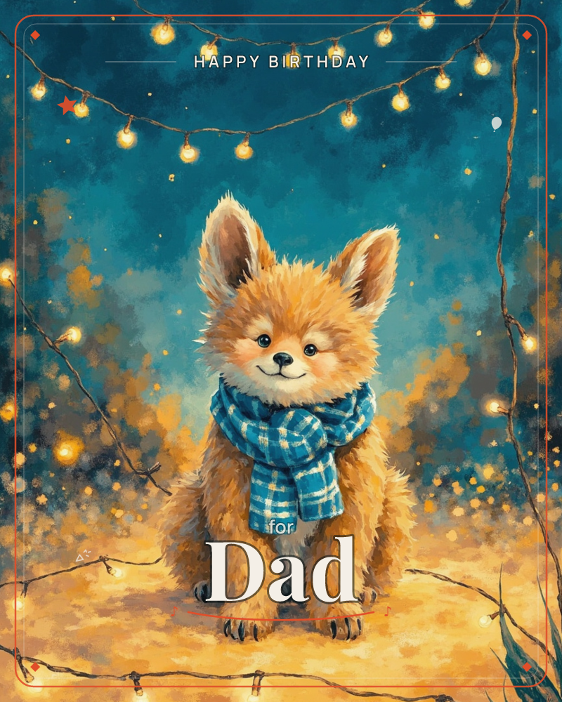 A fluffy fox cub with big ears sits under a string of glowing fairy lights, wearing a chunky blue plaid scarf and smiling softly, a birthday e-card design