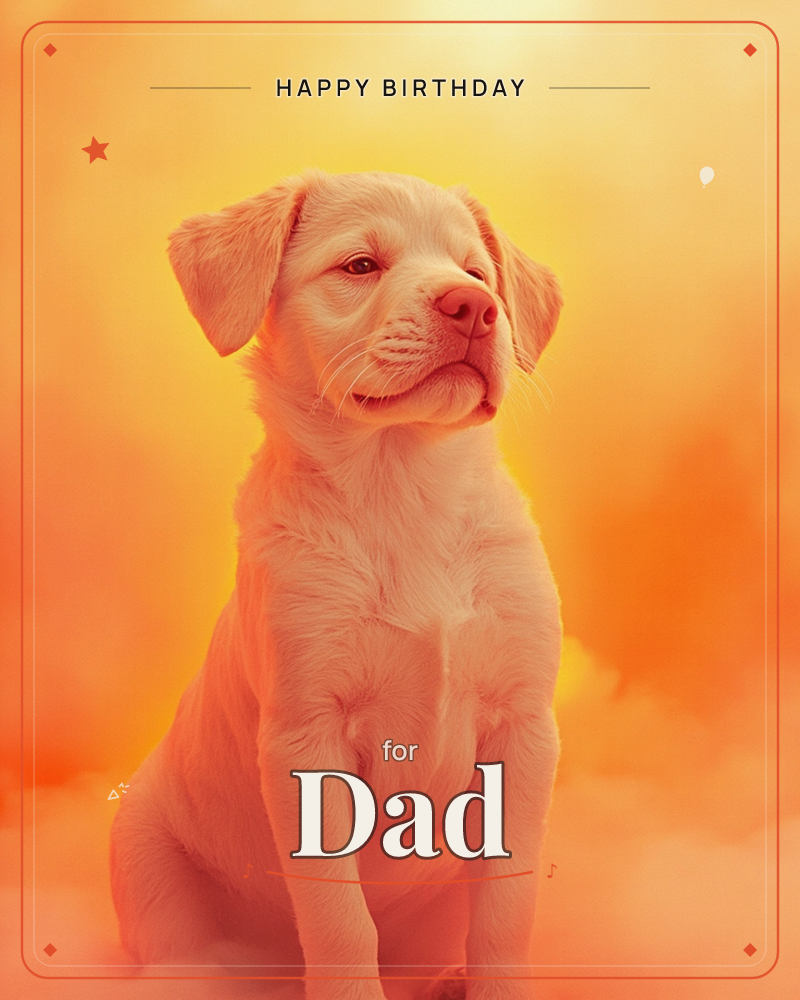 A soft-coated puppy sits upright against a glowing backdrop of orange and gold, its floppy ears catching the warm light, a birthday e-card design