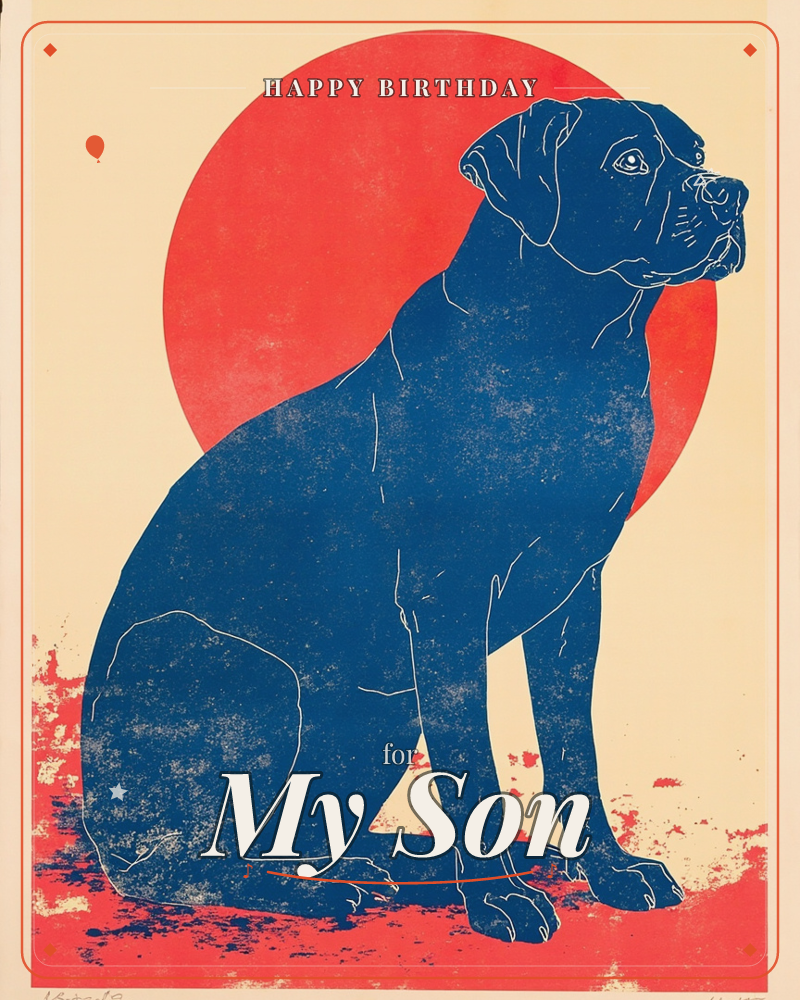 A bold linocut-style print shows a large dog sitting in profile, its head turned toward the viewer, rendered in solid navy blue against a big red…, a birthday e-card design