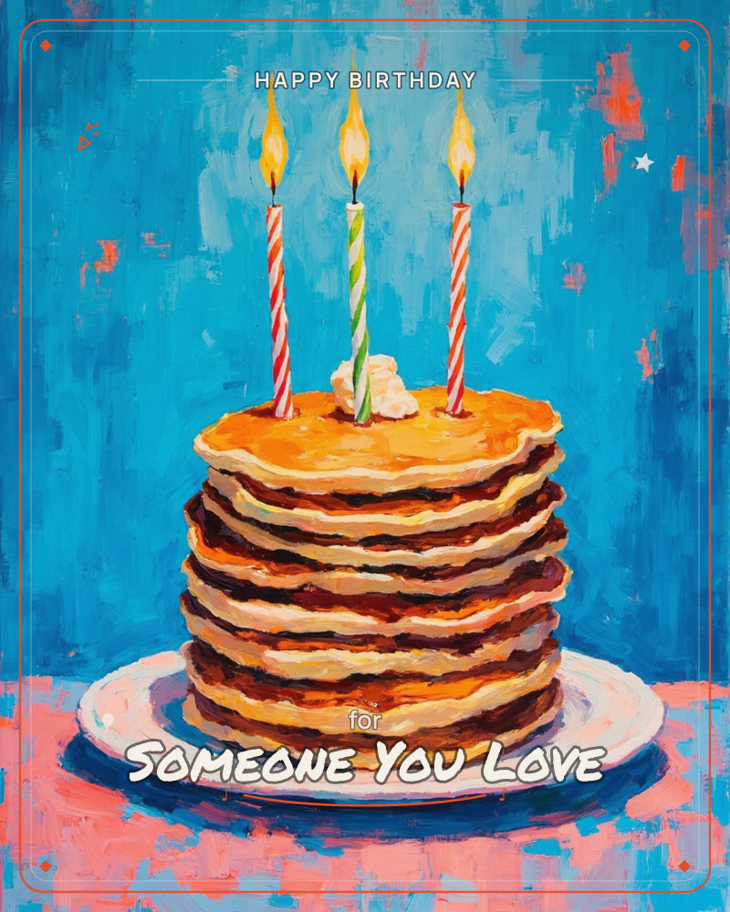 A tall stack of pancakes sits on a white plate like a birthday cake, layered with syrup and topped with a swirl of cream and three lit striped candles, a birthday e-card design