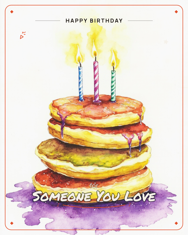 A lopsided four-layer birthday cake glows with three lit candles in blue, purple, and green, dripping icing down its uneven golden tiers, a birthday e-card design