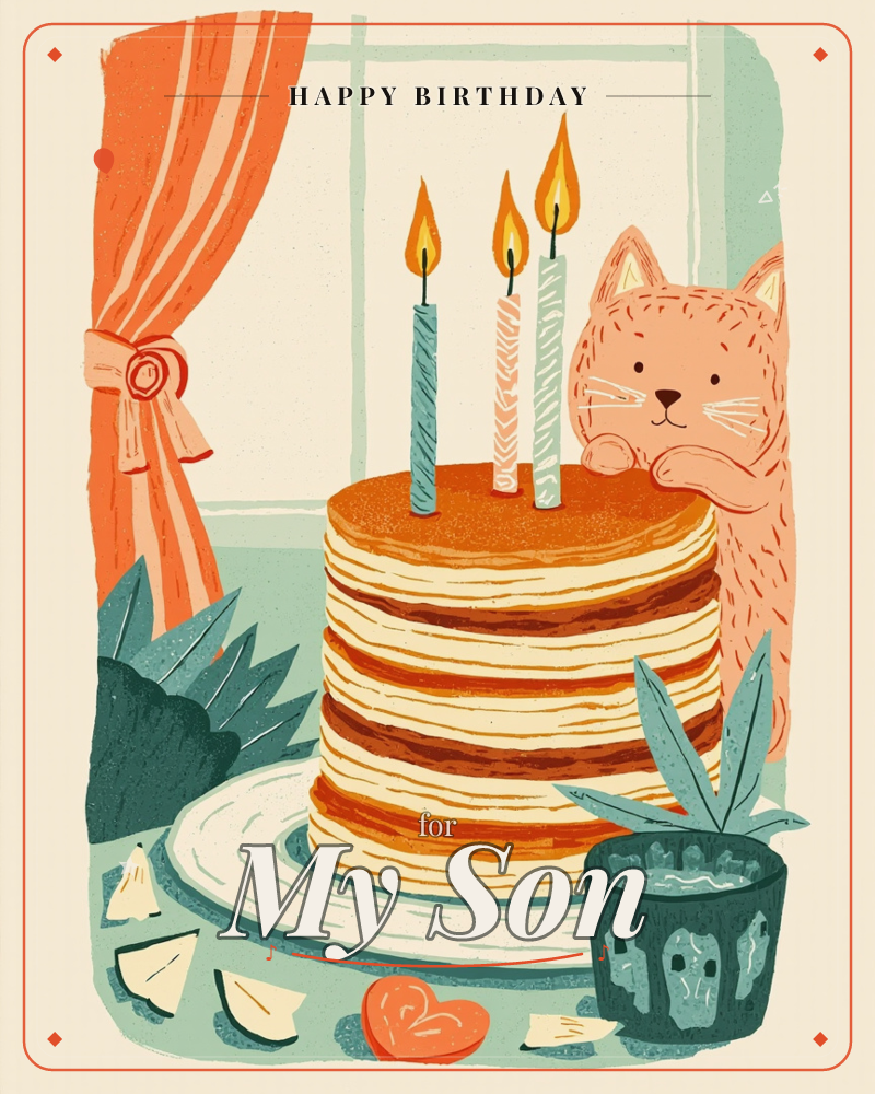 A ginger cat peers curiously over a tall layered birthday cake topped with three lit candles, set on a windowsill table with a striped orange curtain…, a birthday e-card design