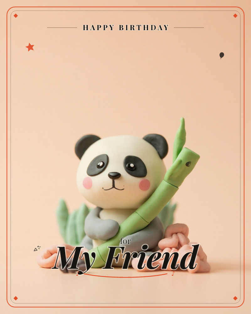 A rounded clay-style panda with rosy cheeks sits hugging a tall stalk of bamboo, surrounded by small sculpted rocks and leafy tufts, a birthday e-card design