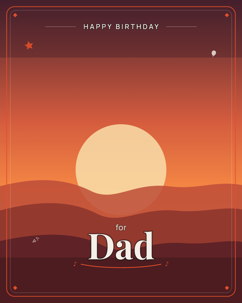 A large pale sun sits low over layered desert dunes, half hidden behind the nearest ridge as the sky burns from deep orange to near-black at the top, a birthday e-card design by @DittyCityTeam