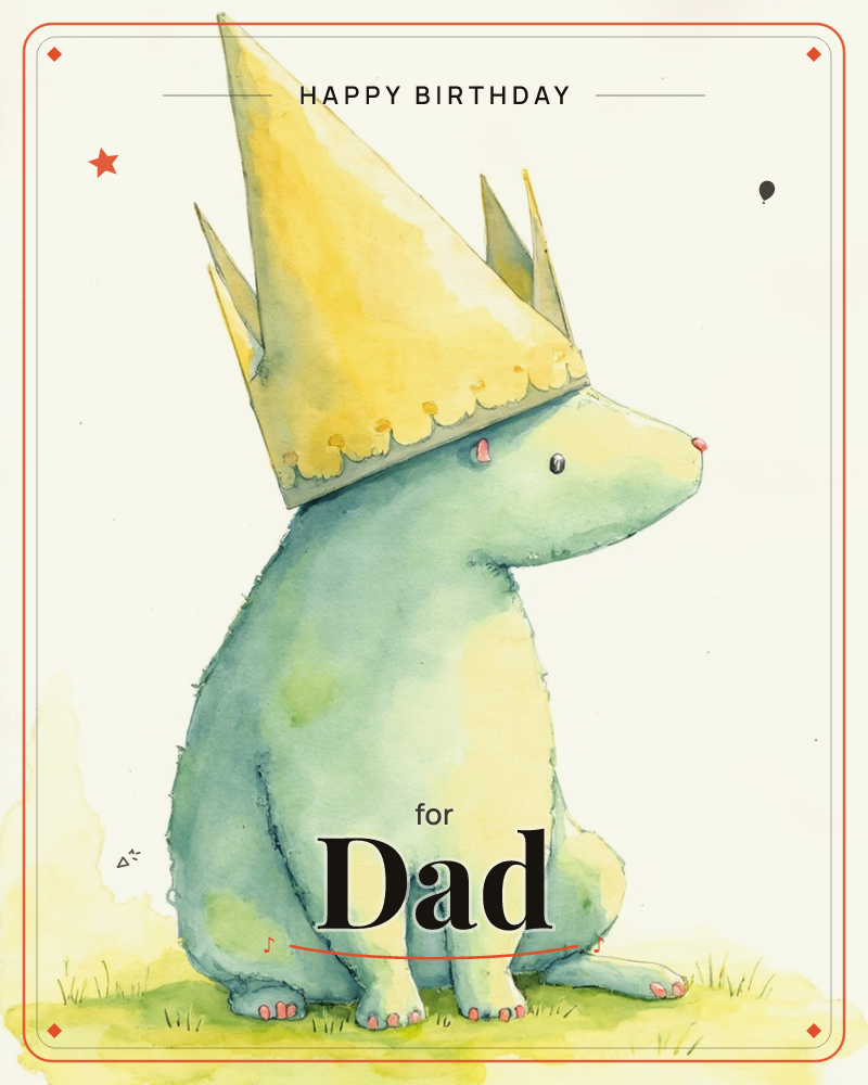 A round, sleepy-eyed creature in soft sage and cream sits on a patch of watercolour grass, wearing an oversized golden crown far too big for its head, a birthday e-card design
