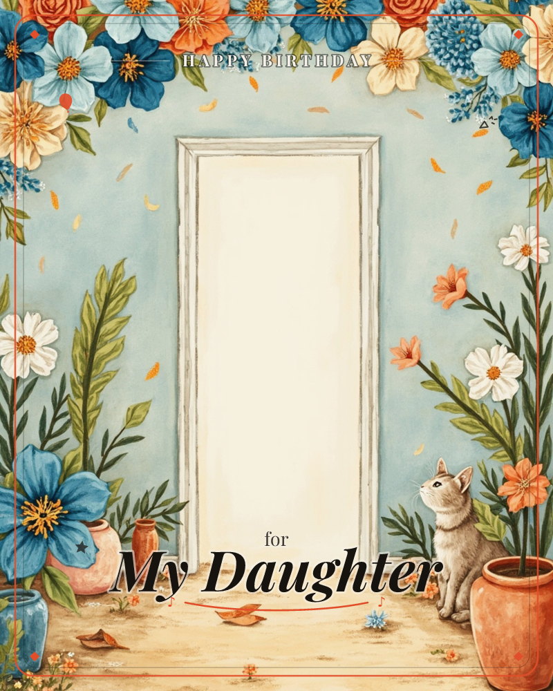 A white-framed doorway glows with soft cream light, set into a dusty blue wall crowned by an arch of blue, orange, and cream flowers, a birthday e-card design