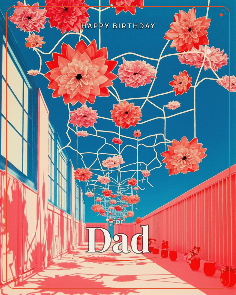 A narrow courtyard glows under a lattice of white branches strung with oversized coral dahlias against a deep blue sky, a birthday e-card design