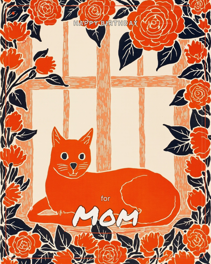 A bold orange cat lies curled on a windowsill, framed by a lattice window and a thick border of stylised roses with dark navy leaves, a birthday e-card design