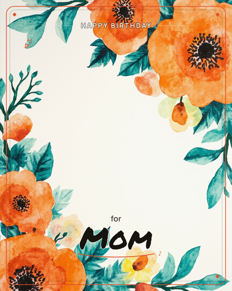 A cluster of watercolour poppies in warm orange spills across the top and bottom corners of the card, their dark speckled centres bold against soft petals, a birthday e-card design