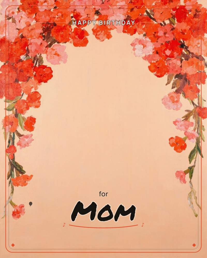 A painted archway of tumbling blossoms frames the top of the card, red and coral flowers spilling down both sides with trailing green stems against a…, a birthday e-card design