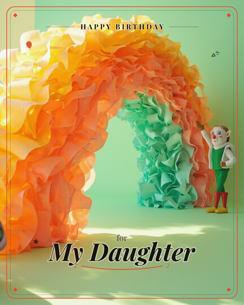 A tufted paper rainbow arches from yellow into coral and mint against a mint-green backdrop, its ruffled layers glowing where sunlight catches the edges, a birthday e-card design