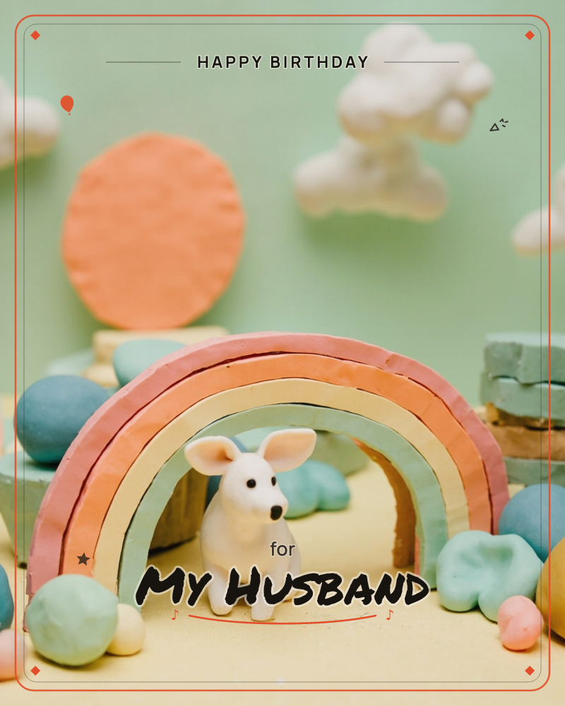 A claymation-style scene shows a small white clay dog sitting beneath a pastel rainbow arch, with a soft orange sun and puffy clouds sculpted against a…, a birthday e-card design
