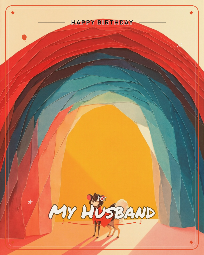 A small fox-like creature in a red coat stands at the mouth of a faceted, cave-like arch, its jagged layered walls shifting from deep red at the crest…, a birthday e-card design
