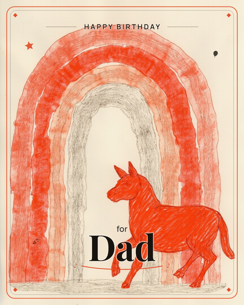 A red-orange horse-like creature with pointed ears trots across a cream page beneath an arched rainbow drawn in bands of red, peach, and pencil-grey, a birthday e-card design