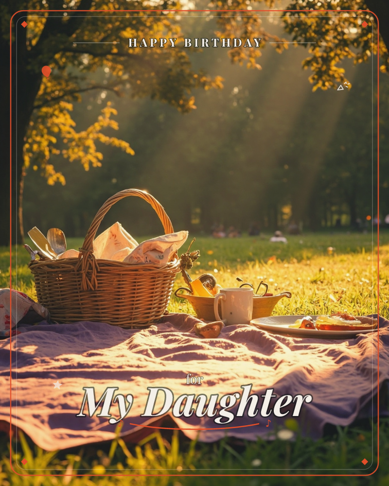 A picnic blanket is spread on a sunlit park lawn beneath autumn trees, with a woven basket, a bowl of fruit, a mug and a plate of food set out, a birthday e-card design