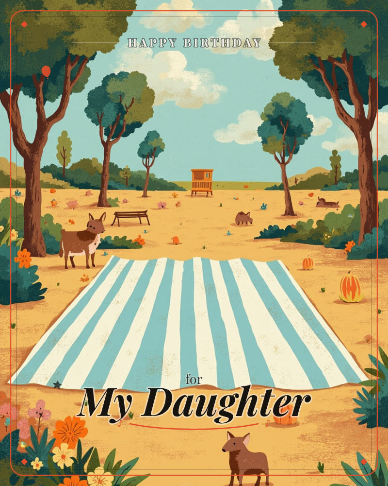 A striped blue-and-white picnic blanket sits empty in a sunlit park clearing, ringed by rounded green trees and scattered pumpkins, a birthday e-card design