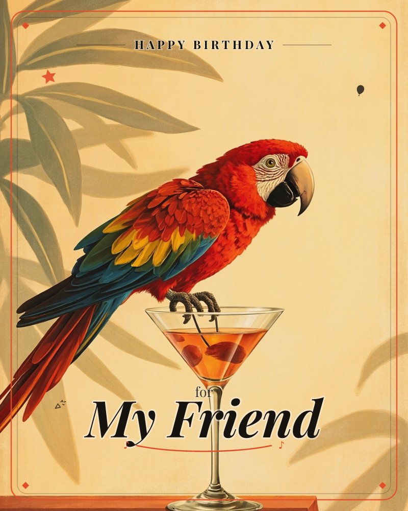 A scarlet macaw with feathers shading from red to gold to teal perches on the rim of a martini glass, its claws gripping the edge as it eyes the orange…, a birthday e-card design