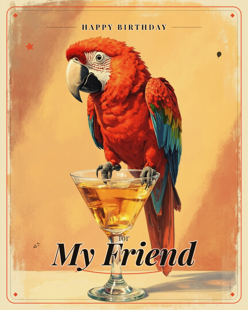 A scarlet macaw perches with its claws gripping the rim of a martini glass, its vivid red, blue and yellow feathers glowing against a warm, sunlit…, a birthday e-card design