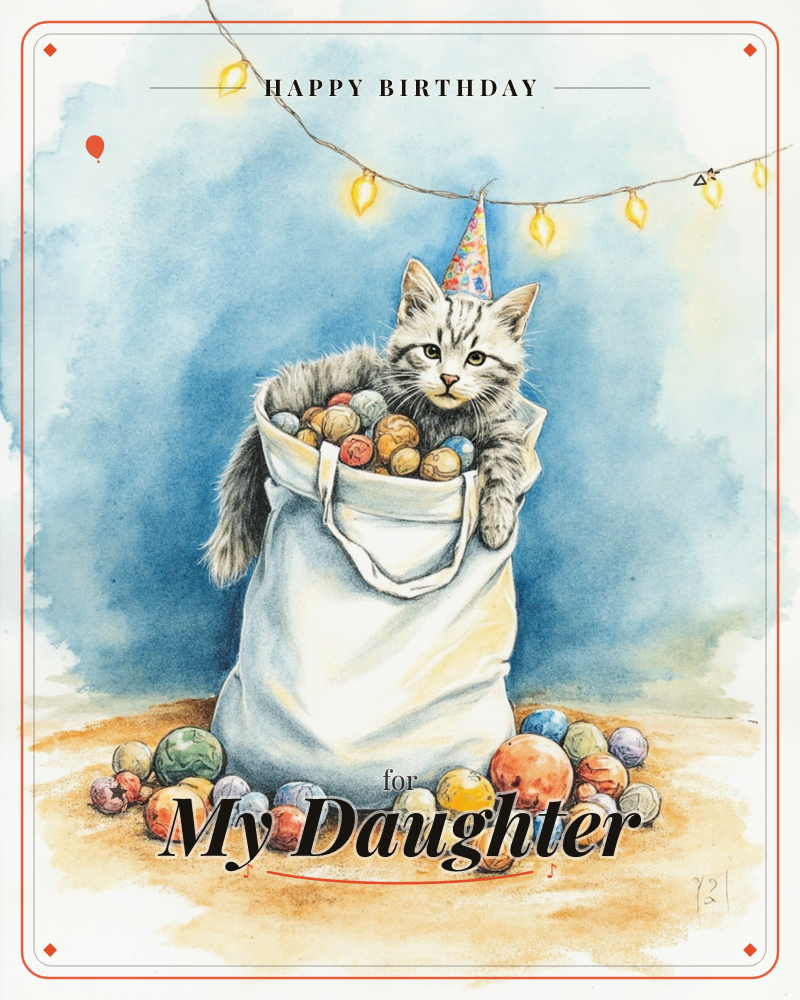 A grey tabby kitten wearing a tiny party hat perches inside a canvas sack overflowing with marbled spheres, more of which spill across the ground…, a birthday e-card design