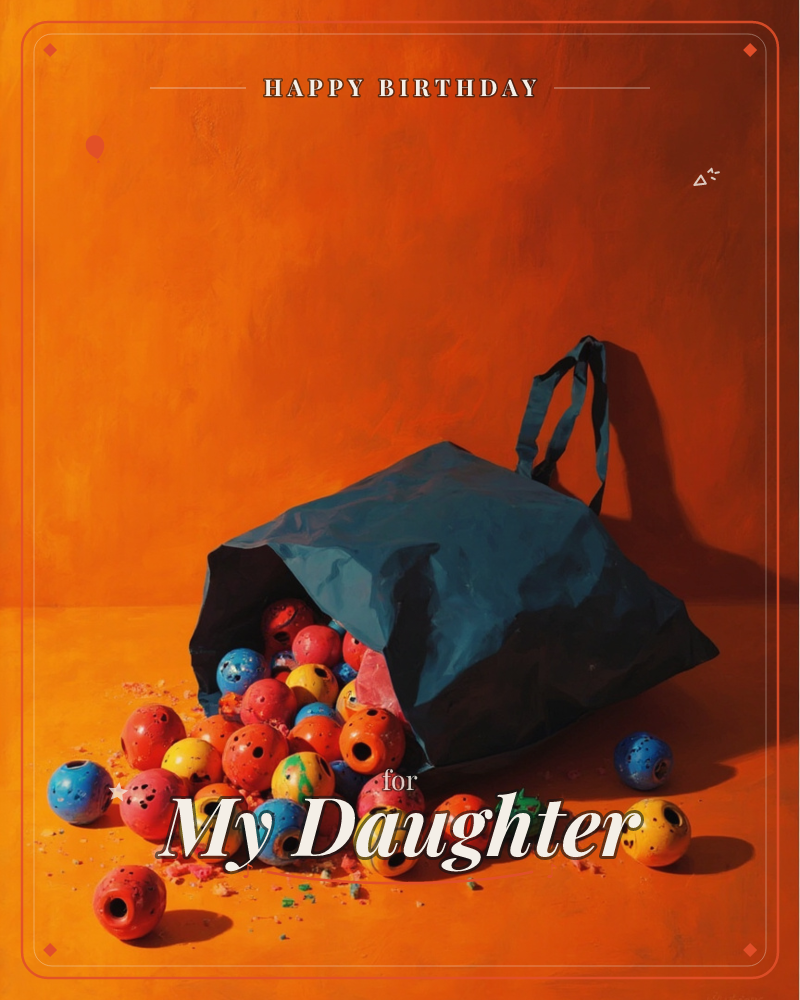 A dark teal tote bag lies tipped over against a glowing burnt-orange backdrop, spilling a jumble of small painted balls in red, blue, orange and…, a birthday e-card design