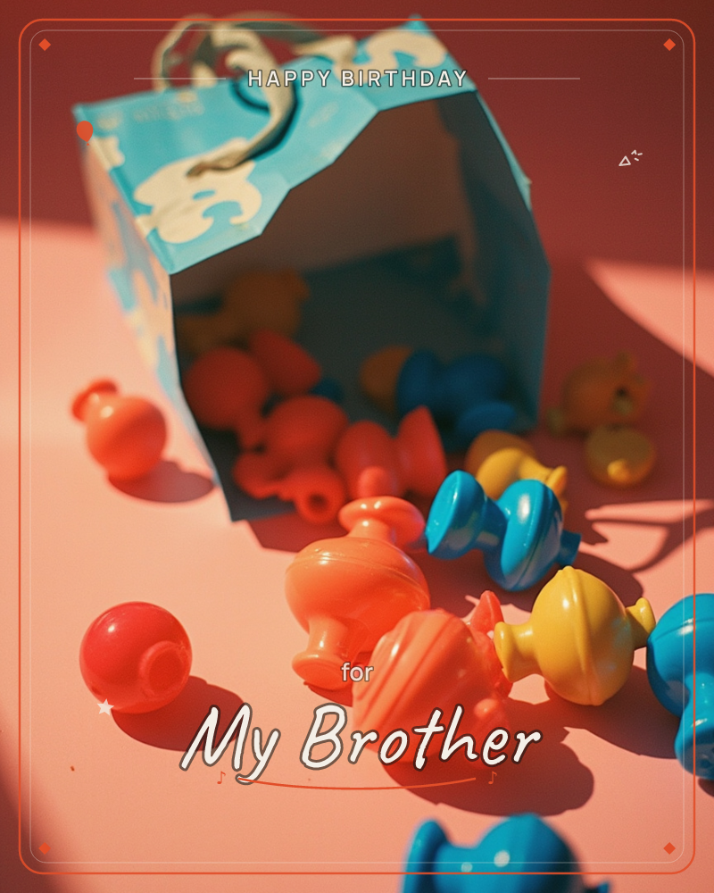 A small blue paper gift bag lies tipped on its side, spilling a scatter of chunky plastic toy pieces in orange, yellow and blue across a coral pink…, a birthday e-card design