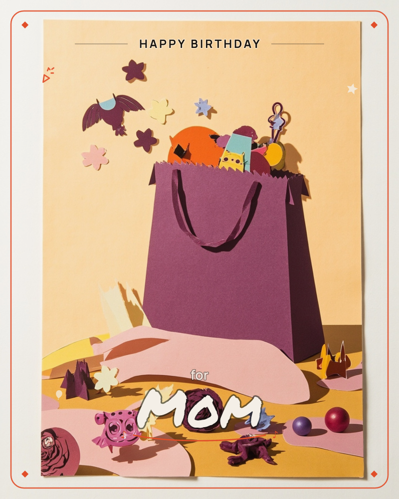 A paper-craft still life shows a plum-purple gift bag overflowing with cut-paper trinkets, a bat, a fork, an orange ball, and layered stars, spilling…, a birthday e-card design