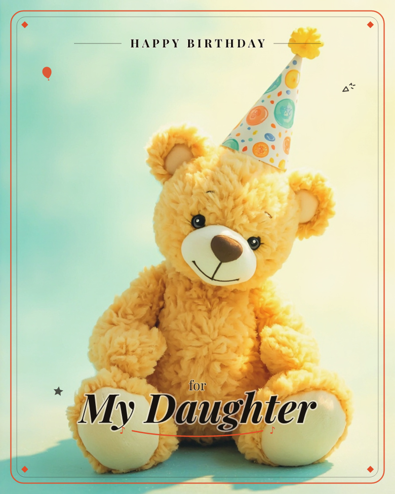 A golden-yellow teddy bear sits against a soft turquoise backdrop, wearing a polka-dotted paper party hat topped with a yellow pompom, a birthday e-card design