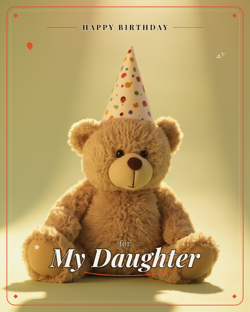 A well-loved tan teddy bear sits front and centre wearing a white polka-dot party hat, caught in a warm spotlight against a soft olive-green backdrop, a birthday e-card design