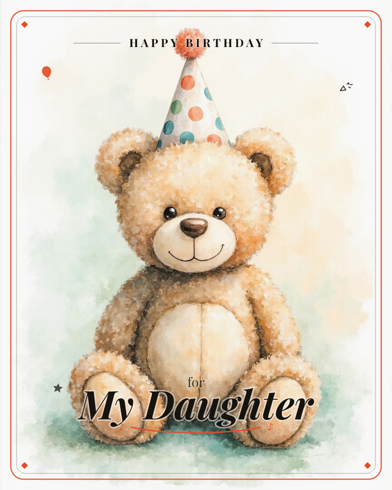 A soft, fuzzy-textured teddy bear sits front and centre against a warm cream and mint watercolour wash, wearing a white polka-dot party hat topped with…, a birthday e-card design